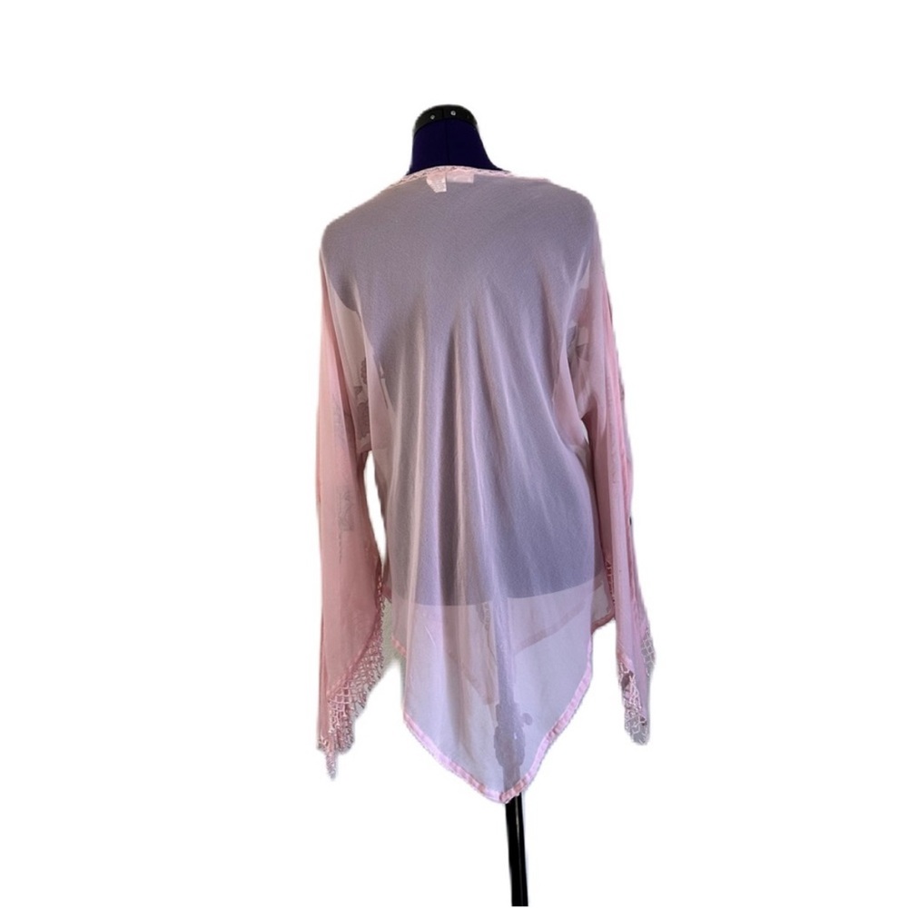 Roamans Pink Sheer Floral Beaded Long Sleeve Top - Picture 4 of 16